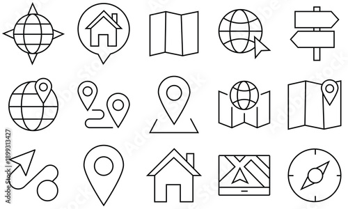 Location and navigation icon set. Outline icons of location, navigation, compass, map pin, gps destination, directions and more. Vector illustration.