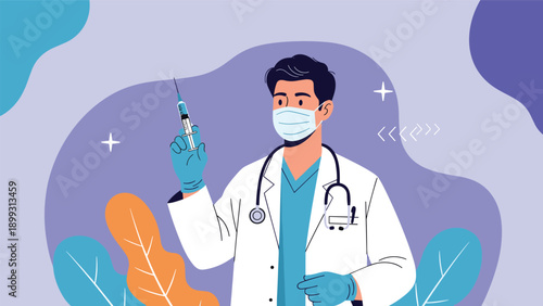 Male doctor wearing a surgical mask and gloves holds up a medical syringe prepared for vaccination against a purple background.