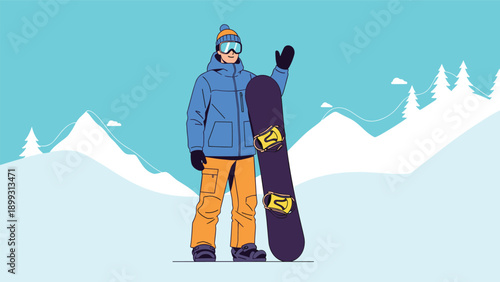 Male athlete in winter sports gear posing with his snowboard in a snowy mountain landscape under a bright blue sky.
