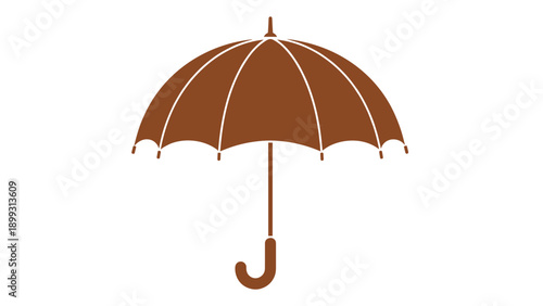 Simple silhouette of a classic brown umbrella with a curved handle isolated on a pure white background for design use.