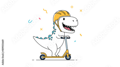 Cute cartoon dinosaur wearing a yellow safety helmet and riding a kick scooter surrounded by festive confetti and shapes.