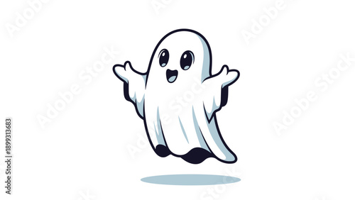 Adorable and friendly little white ghost with big eyes and a wide smile floating happily on a plain white background.
