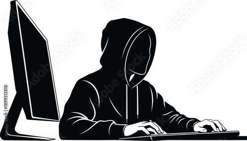 Silhouette of hooded person typing on computer with light bulb idea icon for cybersecurity, hacking, or digital identity concept.