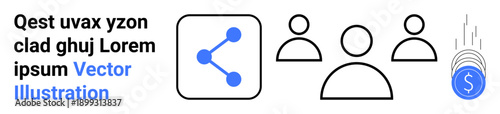 Social networks, finance growth, communication, business collaboration, sharing data, teamwork. Icon of shared connection, people symbols and falling coins with a dollar sign. Social networks