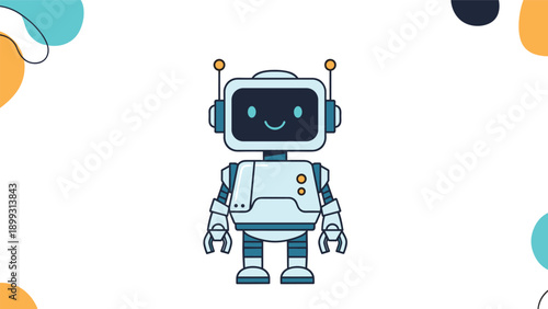 Friendly little robot character with an antenna and a screen face showing a happy smile against a white abstract background.