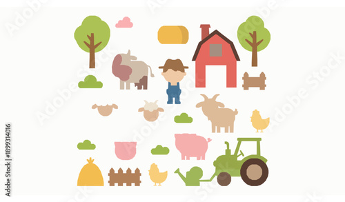 Cute Farm Animals and Farmer Flat Cartoon Vector Illustration for Kids