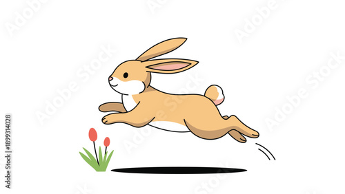 Cute brown bunny rabbit jumping gracefully through the air over small red flowers against a clean white background.