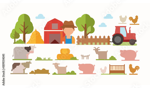 Flat Cartoon Farm Scene with Farmer Barn Tractor and Farm Animals Vector Illustration