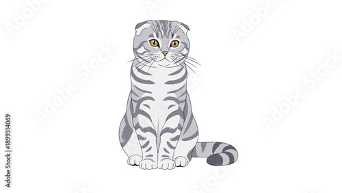 Detailed drawing of a grey tabby cat with beautiful stripes and orange eyes sitting calmly against a plain white background.