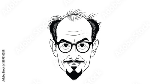 Hand drawn black and white portrait illustration of a middle aged bald man with glasses and a goatee beard on white background.