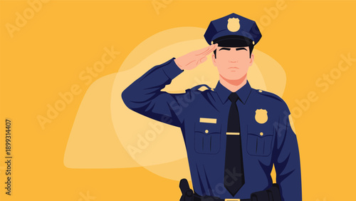 Professional police officer in blue uniform and cap performing a formal salute against a warm abstract yellow background.