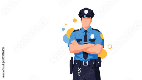 Confident police officer in blue short sleeve uniform standing with arms crossed against a white background with abstract circles.