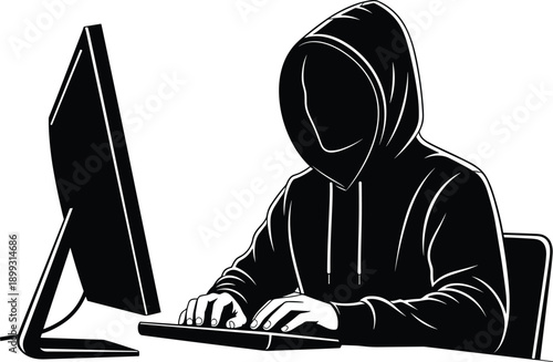 Silhouette of hooded person typing on keyboard at computer monitor representing cybersecurity, hacking, anonymity, and digital privacy concept.