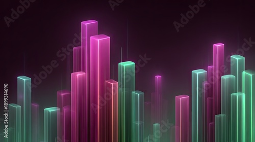 Abstract geometric landscape with glowing vertical bars in vibrant colors of pink, green, and purple against a dark gradient background