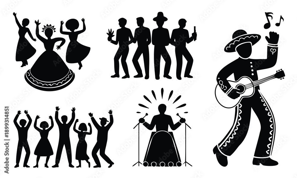 Obraz premium Cinco de mayo silhouette music dance set bundle vector