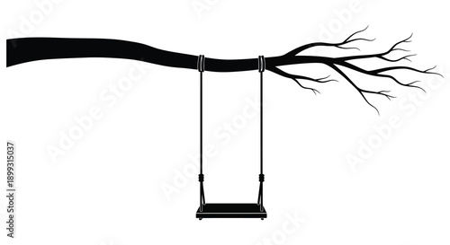 A minimalist black tree branch with a hanging swing depicted in silhouette on transparent background high quality professional detailed modern elegant