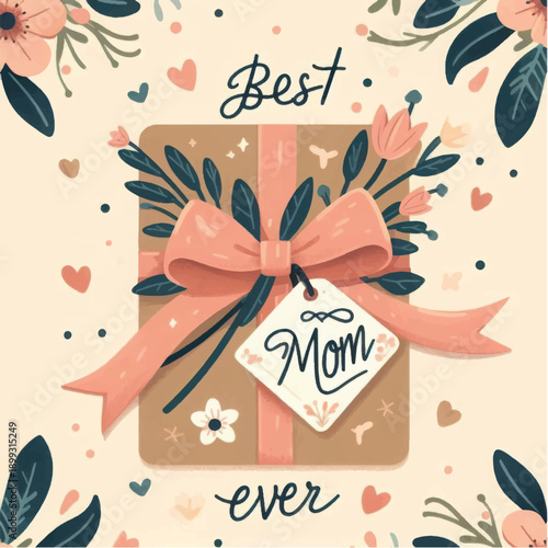 Gift Box with Ribbon and Flowers.