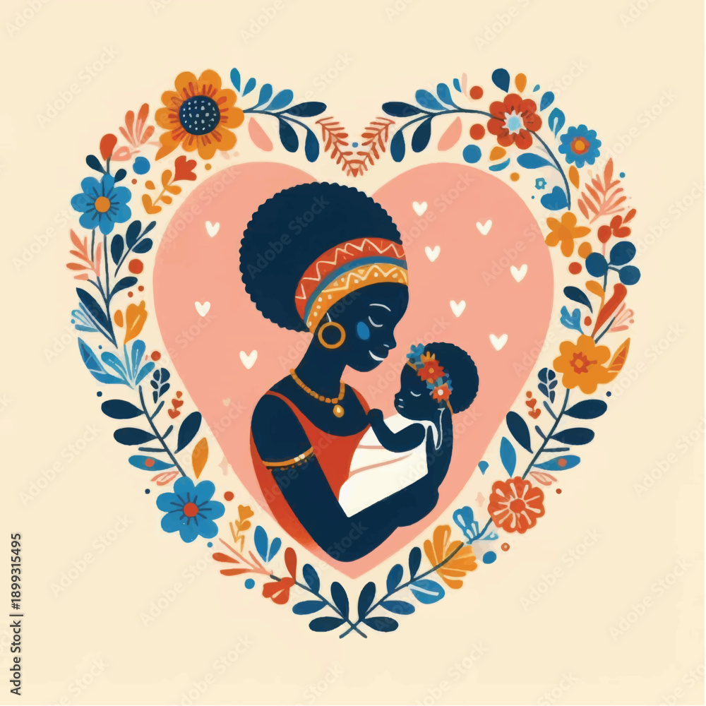 Obraz premium Mother Holding Baby in Floral Heart.