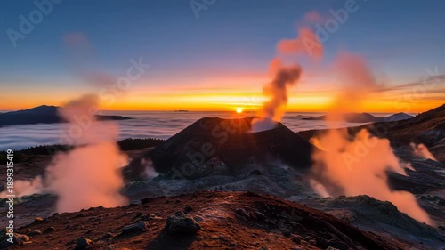 Volcanic Landscape at Sunrise: Steam Rising from Crater, Colorful Sky