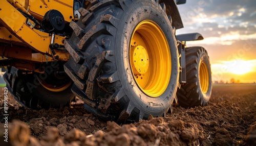 Detailed view of tractor tires on plowed soil at sunset, highlighting agricultural machinery and rural farming environment.