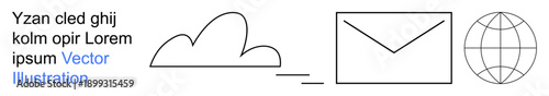 Cloud storage, email communication, global connectivity, data sharing, networking, digital interaction. Cloud, envelope globe line art. Cloud storage and email communication theme