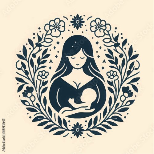 Mother Holding Baby Surrounded by Flowers.