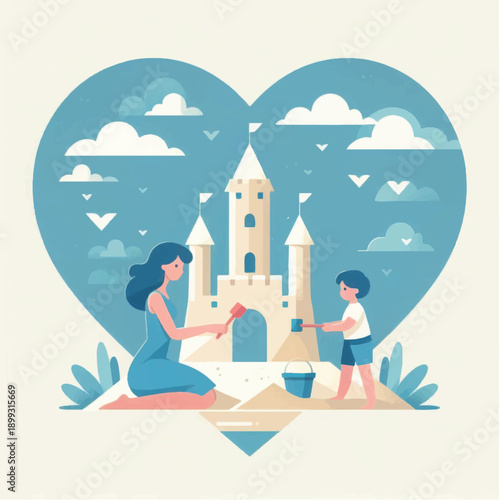 Woman and Child Building Sandcastle Together.