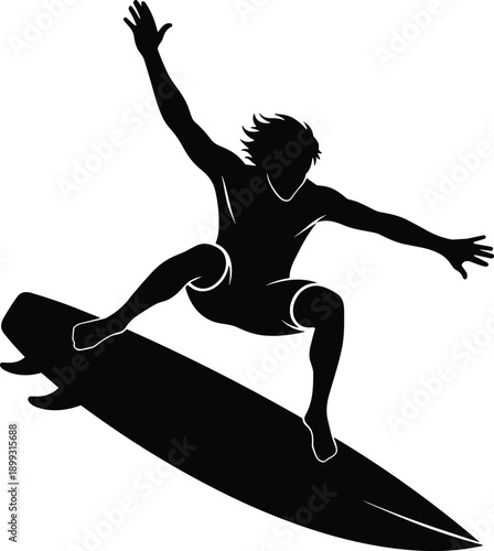 Silhouette of surfer in mid-air above surfboard with extended arms and bent knees for extreme sport and surfing action concept.