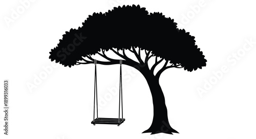 A black silhouette of a tree with a hanging swing is prominently displayed on transparent background high quality professional detailed modern