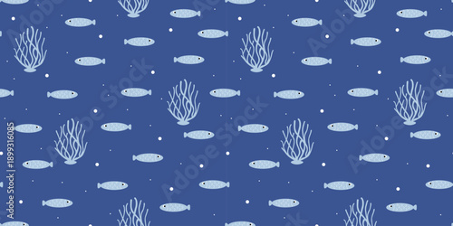 Cute seamless nature pattern, blue fish with white scales on blue background, algae and air bubbles. For wallpaper, textiles, packaging, backgrounds and websites. Flat cartoon design. Underwater world