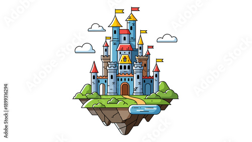 Fantasy fairytale castle on a floating island with whimsical architecture and cartoon clouds. Magical kingdom illustration.