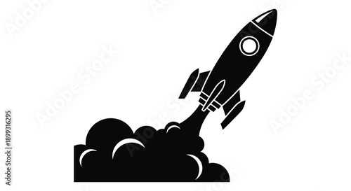 A sleek black rocket ship launches upwards with fiery exhaust ideal for design projects on transparent background silhouette high quality professional
