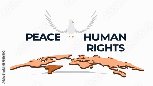 White dove flying above simplified continents symbolizing peace and human rights globally