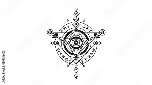 Mystical All Seeing Eye Geometric Symbol with Esoteric Runes and Sacred Geometry Design