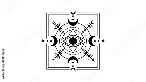 Mystical Eye Symbol with Moons & Stars. Sacred Geometry Esoteric Line Art Vector Design