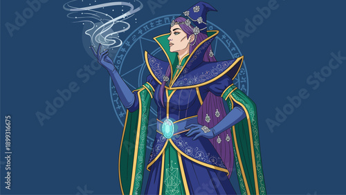 Mystical female sorceress in magical robes casting a spell with swirling energy against a fantasy symbol background