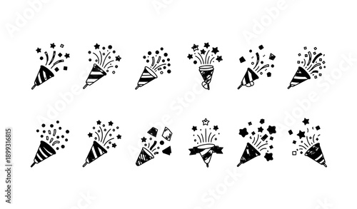Minimal confetti party popper icon vector set with celebration symbols for logos and UI