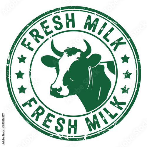 A green circular stamp announces fresh milk with a cow illustration inside