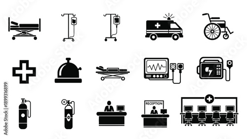 Healthcare Service and Emergency Icon Grid Illustrating Medical Transport Hospital Services and Clinical Facilities for Policy and Logistics