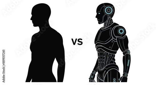 A striking comparison of human and robotic forms digitally rendered with a modern aesthetic on transparent background silhouette high quality professional