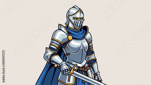Armored Knight with Sword and Blue Cape. Medieval Fantasy Warrior Illustration