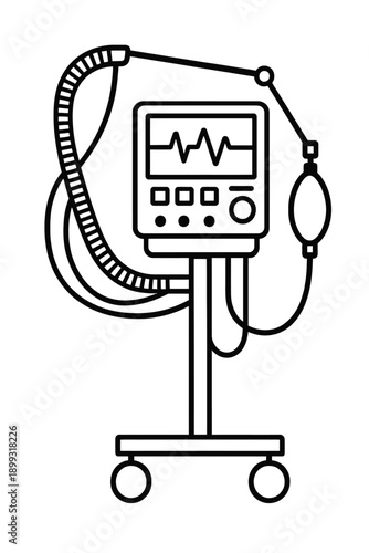Medical ventilator machine icon, vital patient breathing support. Monitoring screen displays vital signs. Hospital equipment on mobile stand. Critical care, ICU, emergency rooms.