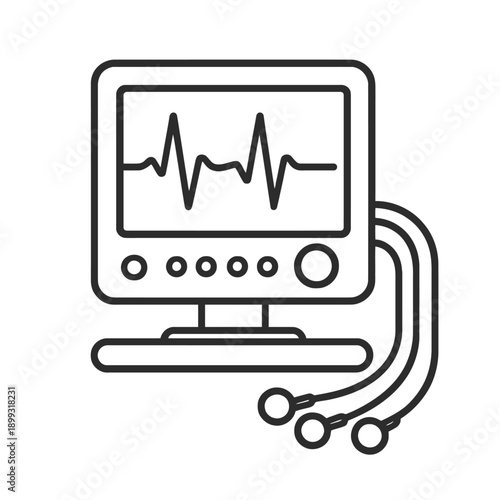 Medical ECG Monitor Icon, Patient Vital Signs Displaying Heart Rhythm Waveform with Connected Electrodes. Essential Healthcare Diagnostic Device for Cardiac Monitoring and Clinical Use.