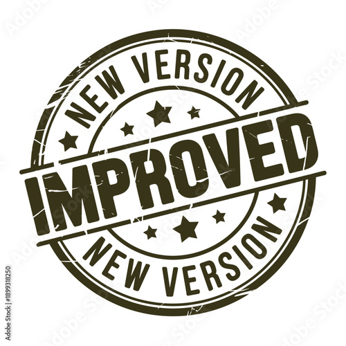 A circular distressed stamp proclaiming new version improved with stars