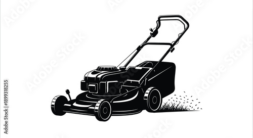 A black silhouette of a lawnmower cutting grass showing motion lines ideal for design projects on transparent background high quality professional