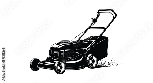 A detailed black silhouette of a push lawnmower in action leaving a cut grass trail on transparent background high quality professional