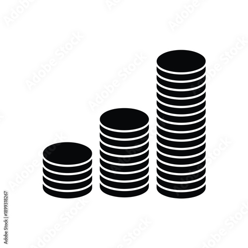 A simple black and white graphic depicting increasing stacks of coins