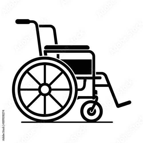 Minimalist black outline icon of a manual wheelchair, universally symbolizing personal mobility, accessibility, independence for individuals with physical disabilities.