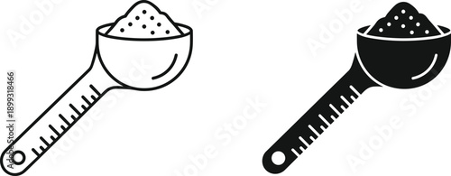 Vector measuring scoops with powder texture, black and white kitchen tools for cooking, baking, nutrition, supplement, ingredient portion control.