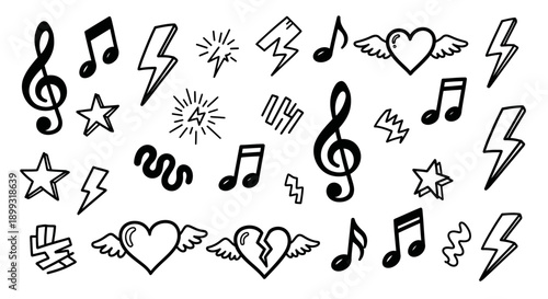 A collection of hand-drawn doodle icons featuring musical notes, lightning bolts, stars, and hearts with wings.